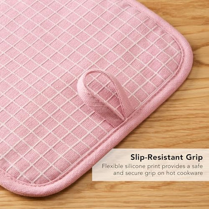 KITCHENAID Gourmet Series Gridlines Pot Holders 2-Pack Set, Heat Resistant up to 600°F, Soft Silicone Grip, Magnetic Cuff, Dried Rose, 8"x8" - color: Dried Rose