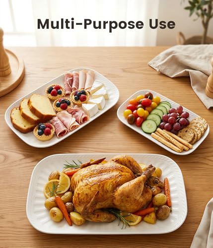 Ceramic Serving Platter, 10"/12"/14" Large Rectangular Serving Tray, White | Set of 3 Ceramic Trays, Microwave Dishwasher Safe, Serving Dishes for Entertaining, Everyday Meals, Holiday