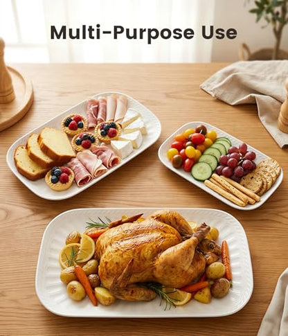Ceramic Serving Platter, 10"/12"/14" Large Rectangular Serving Tray, White | Set of 3 Ceramic Trays, Microwave Dishwasher Safe, Serving Dishes for Entertaining, Everyday Meals, Holiday
