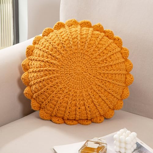 Knitted Throw Pillow Round Couch Pillow (Burnt Orange, 18inch) | Include Insert Handmade Decorative Plush Pillow Cute Cushion - color: Burnt Orange