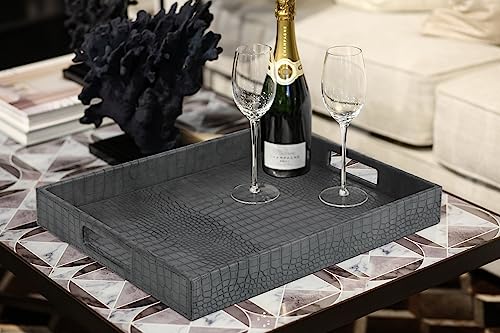HofferRuffer Rectangle Serving Tray with Hole Handles for Coffee Table, Breakfast, Tea, Food, Butler - Countertop, Kitchen, Vanity Serve Tray, 16.2 x 12.2 x 2 inches, Faux Leather Tray (Dark Grey) - color: Dark Grey