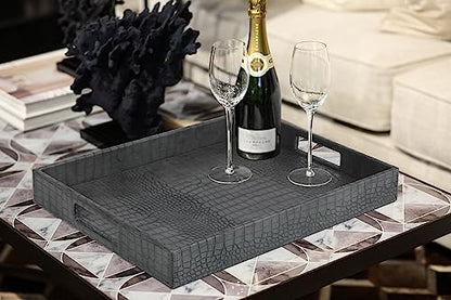 HofferRuffer Rectangle Serving Tray with Hole Handles for Coffee Table, Breakfast, Tea, Food, Butler - Countertop, Kitchen, Vanity Serve Tray, 16.2 x 12.2 x 2 inches, Faux Leather Tray (Dark Grey) - color: Dark Grey