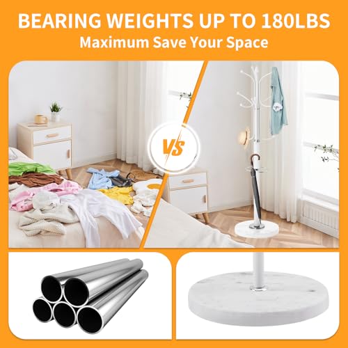 ZOZOE Metal Coat Rack Stand, Modern Coat Rack Freestanding with Natural Marble Base, Sturdy Coat Racks with 12 Hooks & Umbrella Holder,White Coat Tree Hanger Stand for Bags,Hats,Entryway,Office - color: White 12 Hooks