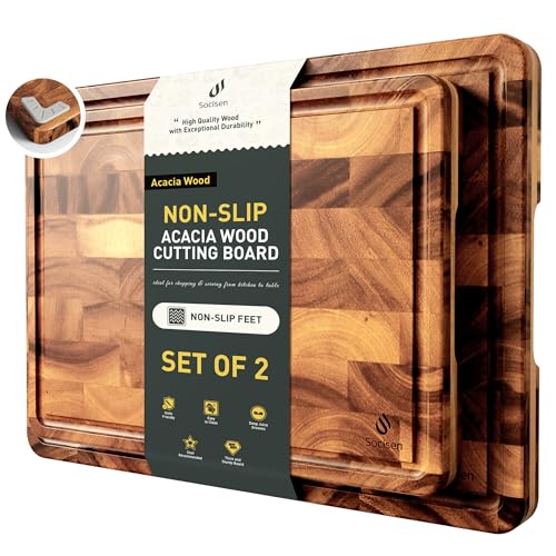 End Grain Cutting Board Set of 2 with Non-slip Feet, Reversible Acacia Wood Cutting Boards for Kitchen with Juice Grooves and Handles Non Toxic Chopping Board Butcher Block Serving Tray Kitchen Gift - size: Multiple Sizes (Set of 2)