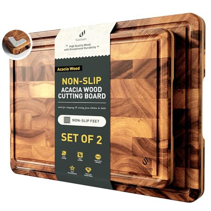 End Grain Cutting Board Set of 2 with Non-slip Feet, Reversible Acacia Wood Cutting Boards for Kitchen with Juice Grooves and Handles Non Toxic Chopping Board Butcher Block Serving Tray Kitchen Gift - size: Multiple Sizes (Set of 2)