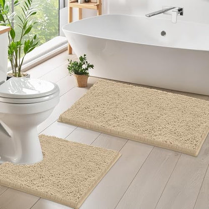 LuxUrux Bathroom Rugs Sets 2 Piece: Quick Dry, Soft Plush Anti-Slip, Super Absorbent. Includes Rectangular (31x20 inches) & U-Shaped Toilet Mat (20x20 inches) | Birch - color: Birch, size: 2 Piece Set