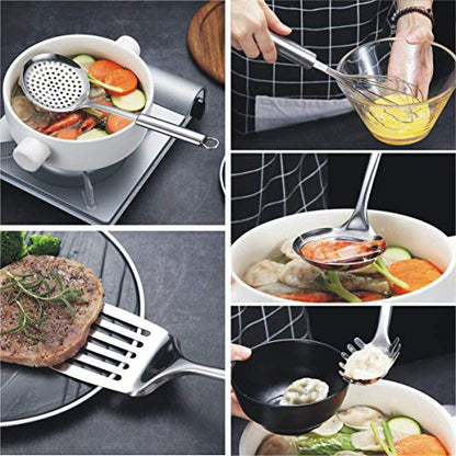 Berglander Cooking Utensil Set 8 Piece, Stainless Steel Kitchen Tool Set with Stand,Cooking Utensils, Slotted Tuner, Ladle, Skimmer, Serving Spoon, Pasta Server,Potato Maseher, Egg Whisk. （8 Pieces） - color: A. 8 Pieces