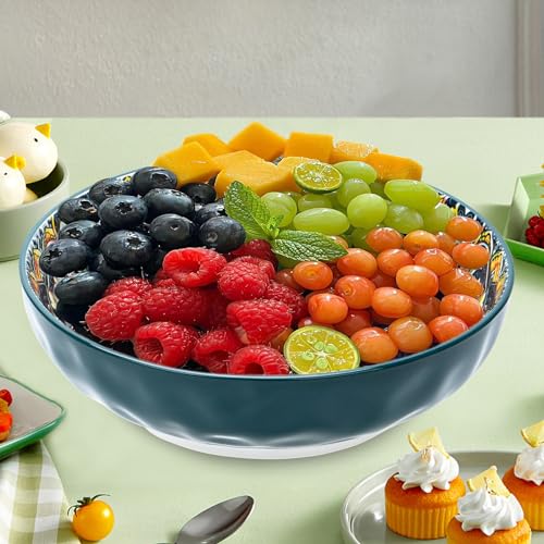 Large Serving Bowls, 75 Oz Fruit Salad Bowls, Bohemian Style Large Porcelain Dishes for Entertaining Parties,Big Bowls for Eating Soup, Salad, Pasta, Fruit, Chips, 10.3 Inch Diameter (green) - color: Green