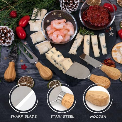 Cheese Knife Set for Charcuterie - 4 Small Stainless Steel Cheese Knives and Fork with Magnetic Acacia Wood Holder - Charcuterie Board Accessories