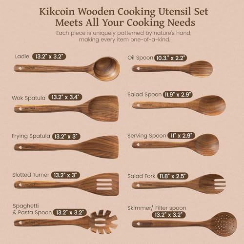 Kikcoin 10 PCS Durable Natural Teak Wooden Cooking Utensil Set, Non Toxic Wooden Spoons for Cooking, Wooden Utensil Set for Cooking with Comfort Grip, Nonstick & Easy to Clean Wood Kitchen Utensil Set - size: 10-Piece Set