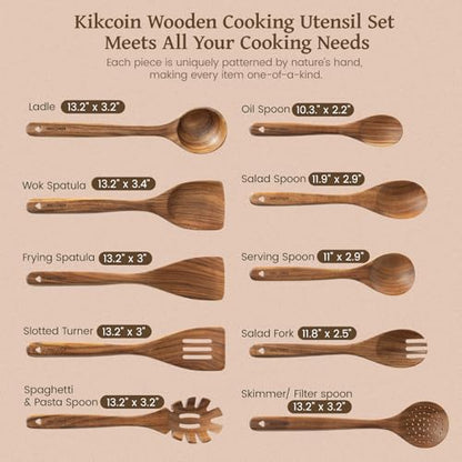 Kikcoin 10 PCS Durable Natural Teak Wooden Cooking Utensil Set, Non Toxic Wooden Spoons for Cooking, Wooden Utensil Set for Cooking with Comfort Grip, Nonstick & Easy to Clean Wood Kitchen Utensil Set - size: 10-Piece Set