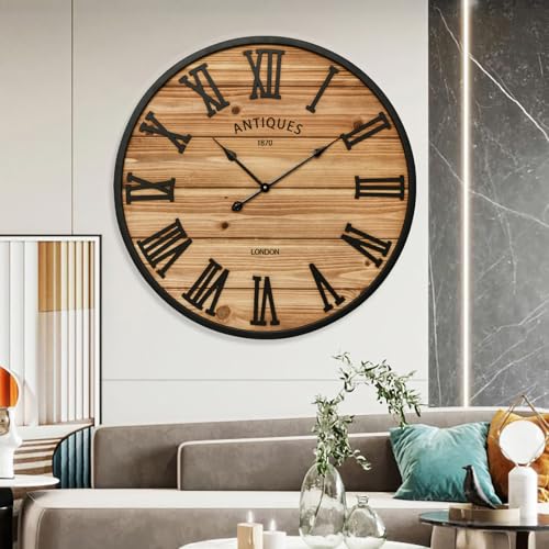 EMAX HOME 30 Inch Farmhouse Wall Clock - Large Rustic Wood, Silent Sweep, Battery Operated for Living Room Kitchen Office, Brown - size: 30 Inch
