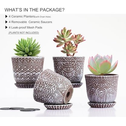 Gepege Ceramic Succulent Pots, 4 Inch Small Plant Pots with Drainage | Ceramic succulent pots with drainage holes, ceramic saucers and mesh pads, set of 4, ideal for cactus and succulents - color: Clay+white, size: 4 Inch - Set of 4
