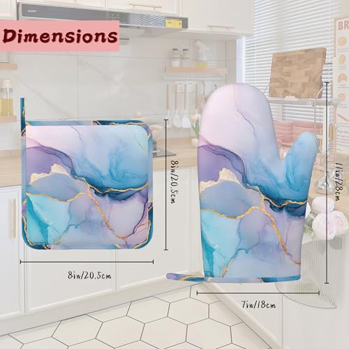 Golden Marble Pink Purple Blue Heat-Resistant Silicone Oven Mitts and Pot Holders,Long Oven Gloves with Non-Slip Grip for Cooking, Baking, Grilling,BBQ - color: Pink Purple Blue Golden Marble