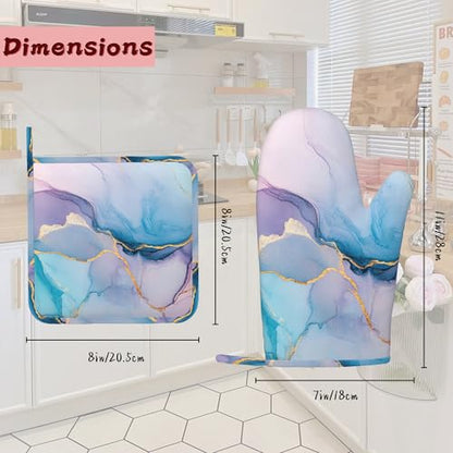 Golden Marble Pink Purple Blue Heat-Resistant Silicone Oven Mitts and Pot Holders,Long Oven Gloves with Non-Slip Grip for Cooking, Baking, Grilling,BBQ - color: Pink Purple Blue Golden Marble