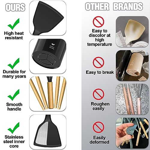 Kitchen Utensils Set- 34PCS Silicone Cooking Utensil with Holder, Umite Chef Heat Resistant Kitchen Spatula Set for Nonstick Cookware, Black Wooden Handles Kitchen Gadgets Tools Set - color: Black