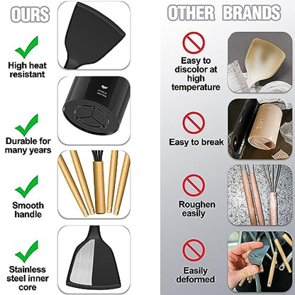 Kitchen Utensils Set- 34PCS Silicone Cooking Utensil with Holder, Umite Chef Heat Resistant Kitchen Spatula Set for Nonstick Cookware, Black Wooden Handles Kitchen Gadgets Tools Set - color: Black