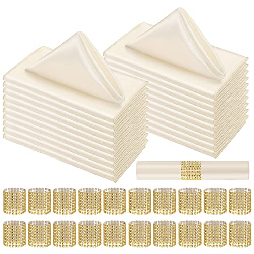 Tatuo 50 Sets Ivory Satin Napkins and Rings Set 17 x 17 Inch Square Dinner Cloth Napkins Holder Bulk for Wedding Party Supplies Banquet, Parties Dinner Decoration(Ivory)