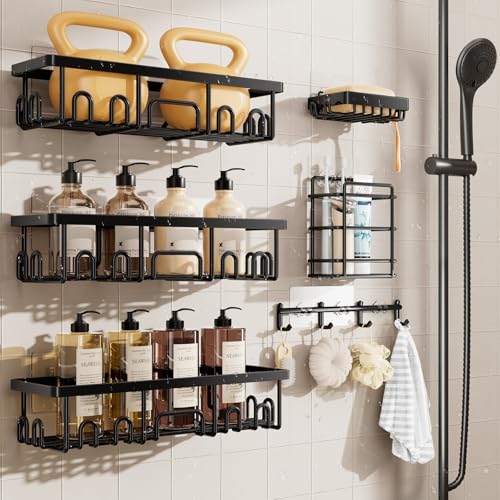 Veken Shower Caddy 6-Pack with Hooks, Bathroom Organizers & Storage, Black | Advanced Rustproof Design, Large Capacity, No Drilling, Adhesive Shelves Rack, Wall-Mounted Kitchen & Home Decor - color: Black