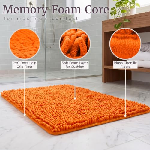 2 Piece Bathroom Rug Set - 32x21 Inch and 24x17 Inch Memory Foam Bath Mats with Chenille Shag Top for Stylish Bathroom Decor - Machine Washable Bath Rugs Set of 2 by Lavish Home (Orange)