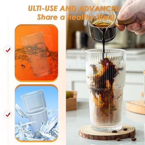 Ribbed Glass Tumbler Set of 4-20oz Coffee Tumbler with Lids and Straws - Leakproof Inverted for Iced Coffee, Smoothies & Cocktails - Glasses Drinking Set & Drinking Cups Durable Glassware
