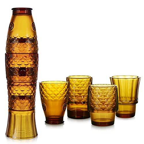 MDLUU Fish Design Tumbler Glasses, Stackable Drinking Glasses, Colored Glass Beverage Cups, Nautical Glassware for Gift, Set of 4 (Amber) - color: Amber