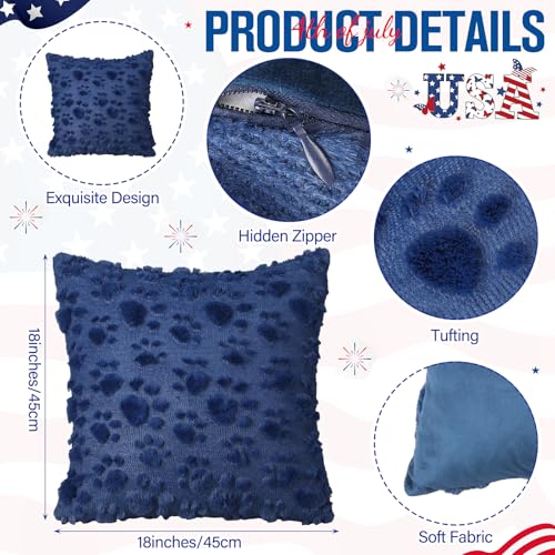 Tiamon 4 Pcs Patriotic 4th of July Throw Pillow Covers 18 x 18 Inch Pet Paw Prints Plush 3D Embroidered Pillow Cases Red Blue Pet Dog Cat Paw Cushion Covers for Independence Day Decor Sofa Bed - style: Paw Print