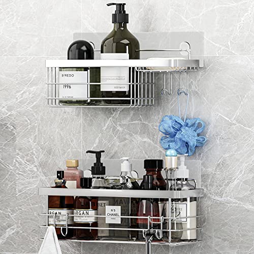 KESOL Shower Caddy and Soap Dish Holder with Hooks, Rust Resistant, 2 Pack | Shower Shelf Organizer, No Drilling Adhesive Wall Mounted Bathroom Shelf, Stainless Steel, Silver