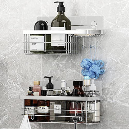 KESOL Shower Caddy and Soap Dish Holder with Hooks, Rust Resistant, 2 Pack | Shower Shelf Organizer, No Drilling Adhesive Wall Mounted Bathroom Shelf, Stainless Steel, Silver