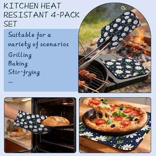 Heat Resistant Pot Holders and Oven Mitts,Daisy Flower Extra Long Kitchen Oven Mitt Set,Navy Blue Cotton Lining Anti-Slip Waterproof Kitchen Mittens Hot Pan Holder for Baking Cooking Grilling - color: Daisy Flower