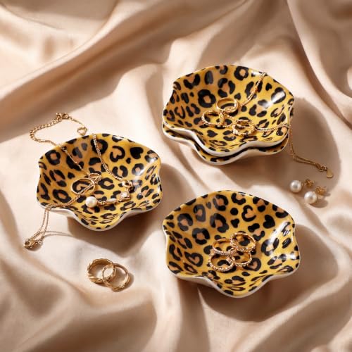 4 Pack Small Jewelry Dish Ceramic Trinket Holder Leopard Print Dish Tray for Rings Earrings Necklaces Bracelets 4.3 x 3.9 Inch Key Bowl Women's Birthday Mother's Day Wedding Gift - color: Brown, style: Ceramic