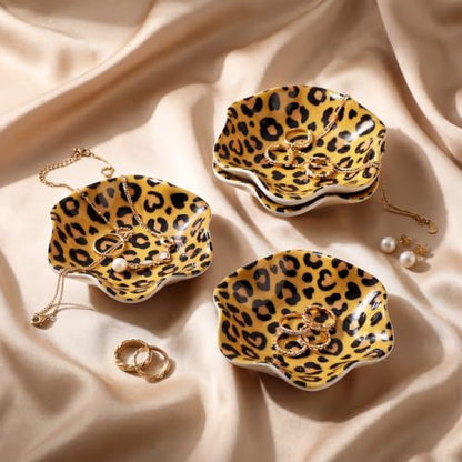 4 Pack Small Jewelry Dish Ceramic Trinket Holder Leopard Print Dish Tray for Rings Earrings Necklaces Bracelets 4.3 x 3.9 Inch Key Bowl Women's Birthday Mother's Day Wedding Gift - color: Brown, style: Ceramic