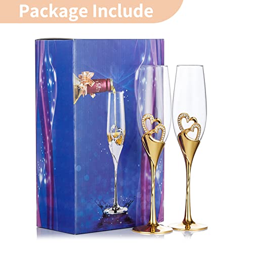NUPTIO Gold Crystal Champagne Flutes, Wedding Gifts for Couple, Set of 2 | 6.76oz Rhinestone Rimmed Heart Toasting Glasses, Wine Cups for Anniversary, Engagement, Valentine's Day, Bridal Shower - color: Gold