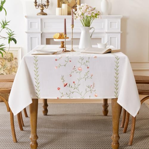 Linen Style Embroidered Tablecloth 55"x102" Rectangle Green | Waterproof and Wrinkle-Resistant Table Cloth Rectangle Tables, Farmhouse Floral Rectangle Table Cover, Dining Room Decor - color: Green, size: 102" x 55" (Rectangular)
