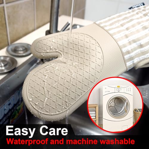 Alselo Silicone Oven Mitts Heat Resistant 932℉ with Waterproof & Non-Slip | Kitchen Mittens Set of 2,Extra Long 7.5"x15" Oven Gloves with Soft Cotton Terry Lining for Baking Cooking BBQ (Khaki,2) - color: Khaki