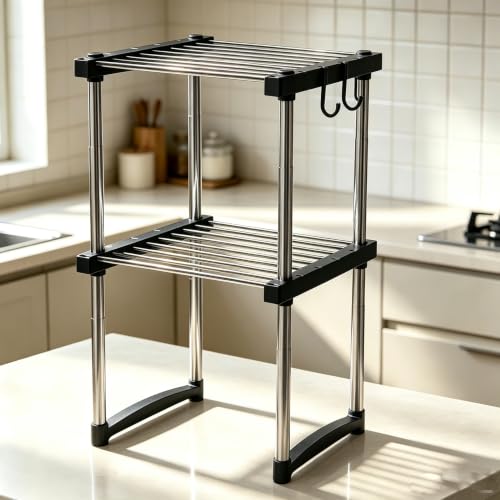 BLULEE Expandable Cabinet Organizer, Adjustable Storage Shelf Black | Multi-Purpose Plastic & Metallic Steel Storage Rack for Kitchen, Living Room, and Dorm Organization（2 Pack ） - color: Black, size: 2Pack
