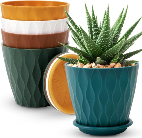 YNNICO 6 inch Plant Pots, 5 Pack Flower Pots Outdoor Indoor, Planters with Drainage Holes and Tray Saucers（Multicolor） - color: Multicolor, size: 6 inch