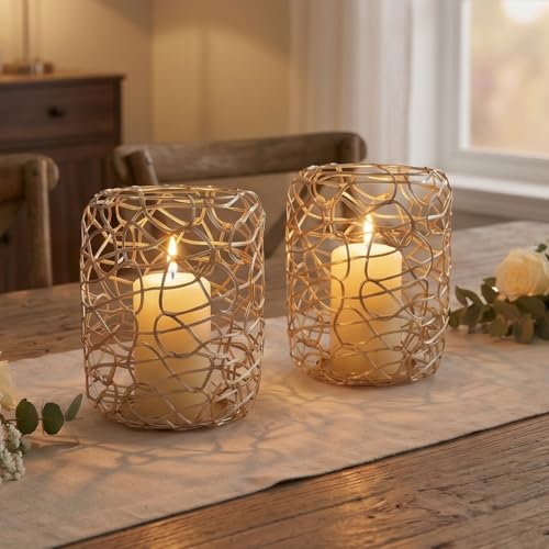 Nest Decorative Lanterns for 3'' Pillar Candles, Gold Candle Holders Set of 2, Rustic Candleholder Stand for Fireplace Mantel Decor & Table Centerpieces for Christmas, Thanksgiving