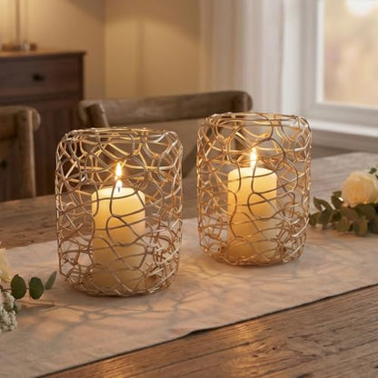 Nest Decorative Lanterns for 3'' Pillar Candles, Gold Candle Holders Set of 2, Rustic Candleholder Stand for Fireplace Mantel Decor & Table Centerpieces for Christmas, Thanksgiving