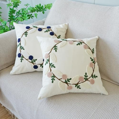 vctops Floral Embroidered Pillow Covers 18x18 Inch Spring Summer Cotton Tufted Throw Pillow Cover Outdoor Garden Cushion Case for Sofa, Bed, Living Room (Flower B,18"x18") - color: Flower B