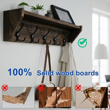 WEBI Coat Rack Wall Mount with Shelf,24" Long Wall Shelf with Hooks Underneath,5 Triple Hooks for Entryway,Hallway,Bedroom,Weathered Brown - color: Weathered Brown, size: 24 Inch