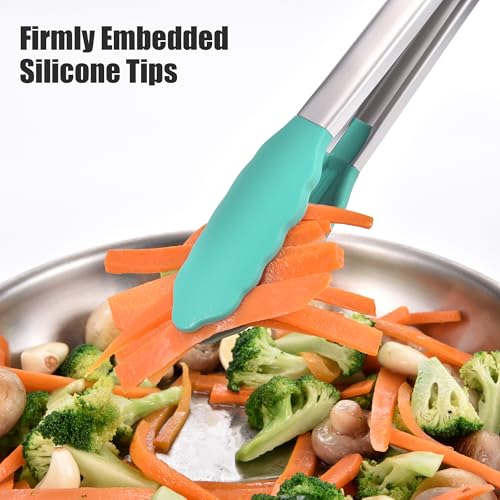 Doosu 16in Kitchen Tong for Cooking - 600°F Heat Resistant Food Tong with Non-Scratch Silicone Tips & 600°F Heat Resistant Silicone Spoon Spatula Set of 3 Cooking Spoons for Stir Mixing (Aqua Sky)