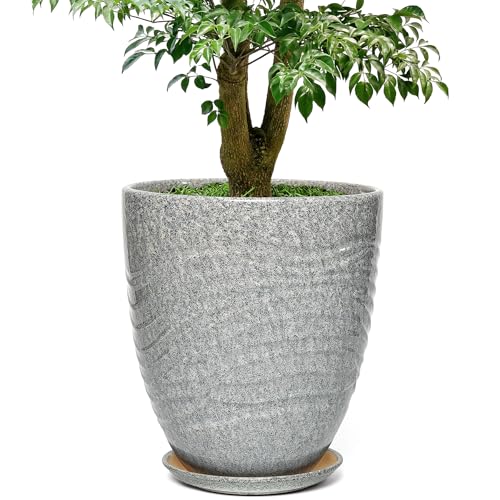 11.8 Inch Modern Ceramic Plant Pot with Saucer, Flower Pot with Drainage Hole Mesh Net,Indoor Outdoor Planter (Gray-dot) - color: Gray-dot, size: 11.8 Inch