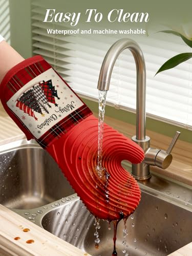 Slohif Long Silicone Oven Mitts Heat Resistant for Women - 2 Pcs Christmas Tree 100% Cotton Oven Gloves, Non-Slip and Waterproof Silicone Oven Mitts with Hanger for Baking and Cooking - color: Red