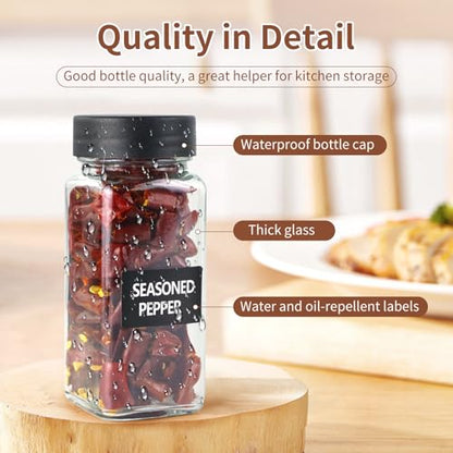 6 Spice Jars with Labels,4oz Empty Glass Spice Containers with Shaker Lids,Square Seasoning Bottles for Spice Rack, Drawer, Cabinet (6)