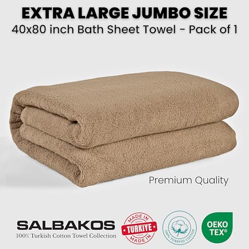 SALBAKOS Luxury 100% Turkish Cotton Bath Sheet 40x80 in (1-Piece, Taupe) | Extra Large Jumbo Oversized Bathroom and Beach Towel, Super Soft Highly Absorbent Thick Premium Hotel Quality, Made in Turkey - color: Taupe, size: Jumbo Bath Sheet
