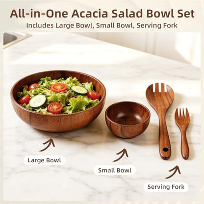 Acacia Wood Salad Bowl Set (4-Piece) | Wooden Bowls,Safe for Warm Food,Durable & Easy to Clean,Everyday Kitchen Use,Serving Bowls for Party