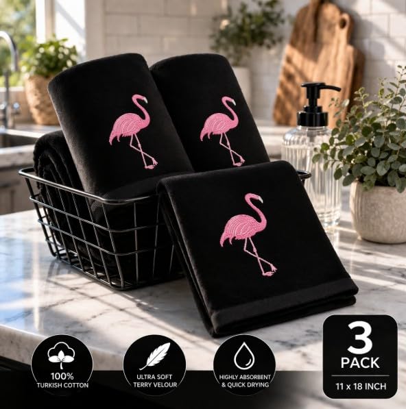 3-Pack Flamingo Fingertip Kitchen Towels, Deluxe Premium Terry Velour Hand Towels, 100% Cotton, Quick Drying and Highly Absorbent, Ultra Soft Bath Towels Set (Black) - color: Flamingo Black