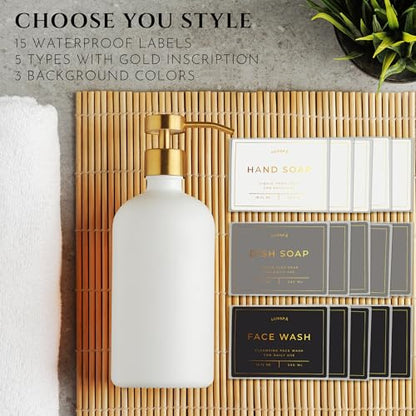 Glass Soap Dispenser Set of 2 (White) with Silicone Tray | Hand and Dish Soap Dispenser for Kitchen and Bathroom | 16.8 Oz Glass Bottles with Stainless Steel Pump & 15 Waterproof Labels (White/Gold) - color: White/Gold