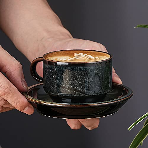 JIEMEI HOME Porcelain Stackable Espresso Cups with Saucers and Metal Stand, 4 Ounce Demitasse Cups for Specialty Coffee Drinks, Latte, Tea Set of 4, Stackable Espresso Mugs, Kiln Tide Glaze - color: Kiln Tide Glaze
